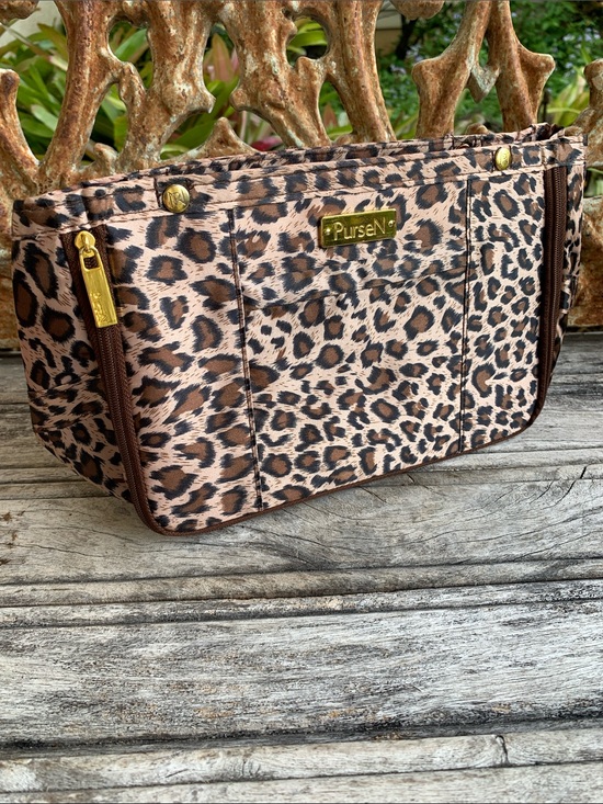 PurseN Handbags - PurseN Leopard Print Cosmetic Organizer in Brown and Black with Gold Accents